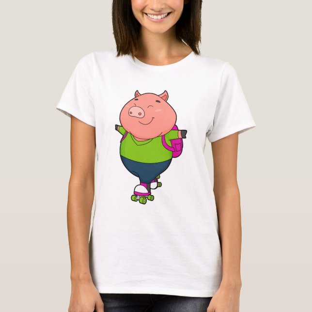 T-shirt Cochon à Patinage en ligne avec patins à rouleaux (Devant)
