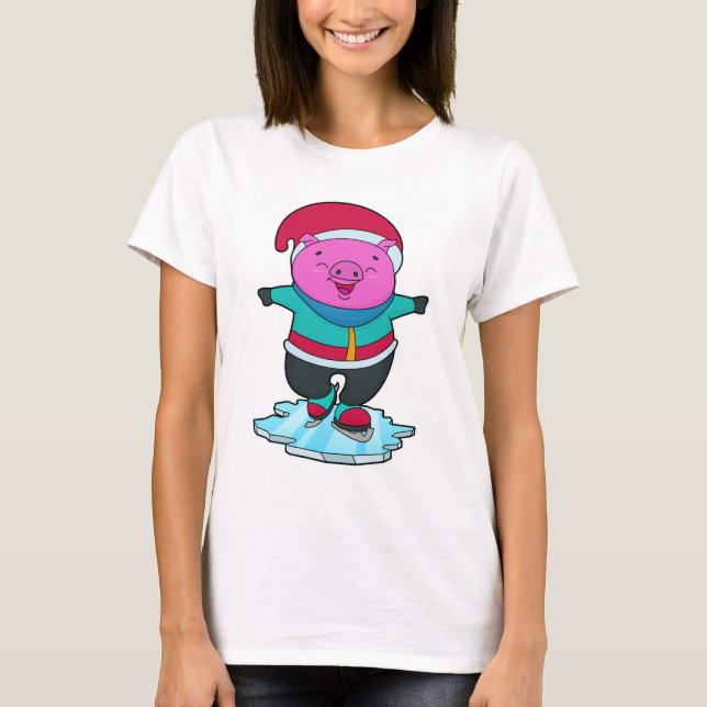 T-shirt Cochon à Patinage sur glace avec patins sur glace  (Devant)