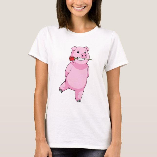 T-shirt Cochon avec fleur Rose (Devant)
