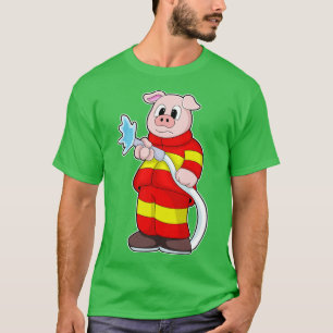 T-shirt Cochon comme pompier avec tuyau