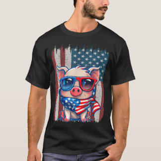 T-shirt Cochon de drapeau américain rétro Papa Maman 14 ju