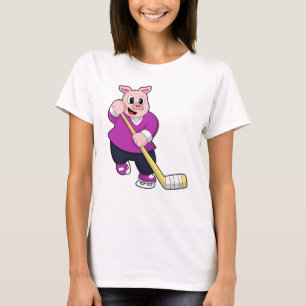 T-shirt Cochon de hockey sur glace avec bâton de hockey su