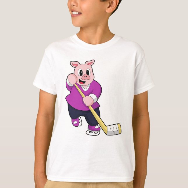T-shirt Cochon de hockey sur glace avec bâton de hockey su (Devant)