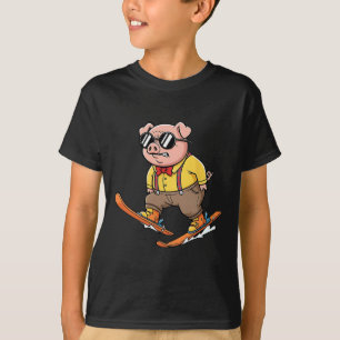 T-shirt Cochon Drôle Sur Skis Alpin Montagne enneigée Cour