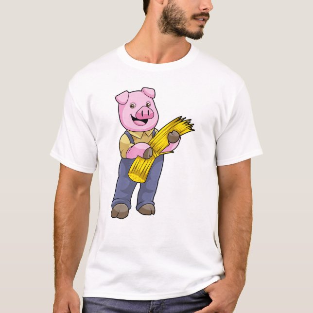 T-shirt Cochon en fermier avec paille (Devant)