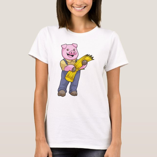 T-shirt Cochon en fermier avec paille (Devant)