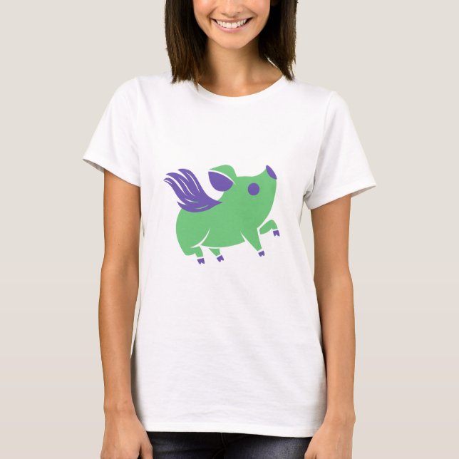 T-shirt Cochon vert avec ailes violettes (Devant)