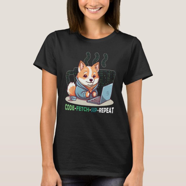 T-shirt Code Fetch Sip Repeat Coffee Binary Shiba Inu Prog (Devant)