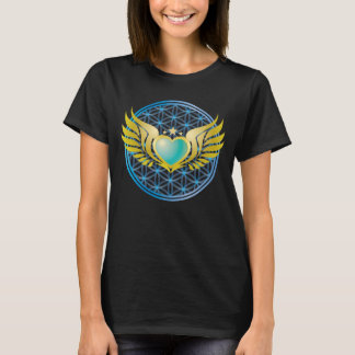 T-shirt Coeur bleu avec ailes d'ange or sur la Fleur de vi