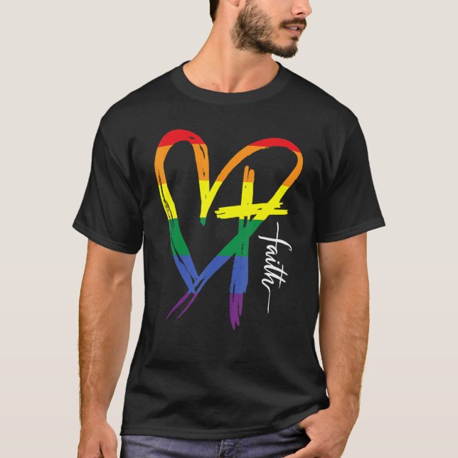 T-shirt Coeur Cross Lgbt Gay pride Rainbow Drapeau chrétie (Devant)