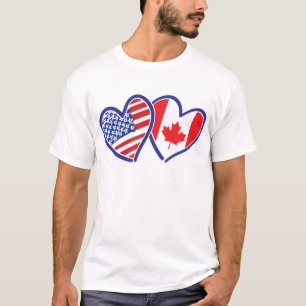 T-shirt Coeurs du drapeau canadien et américain