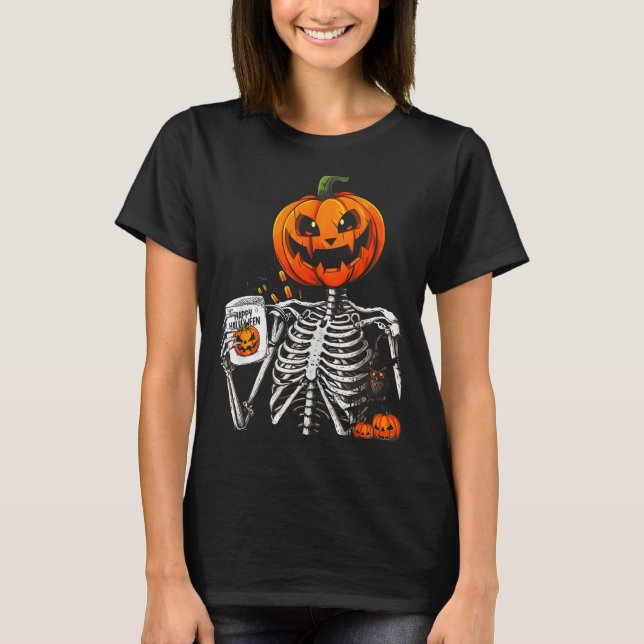 T-shirt Coffee Drinking Skeleton Pumpkin Halloween Costume (Devant)