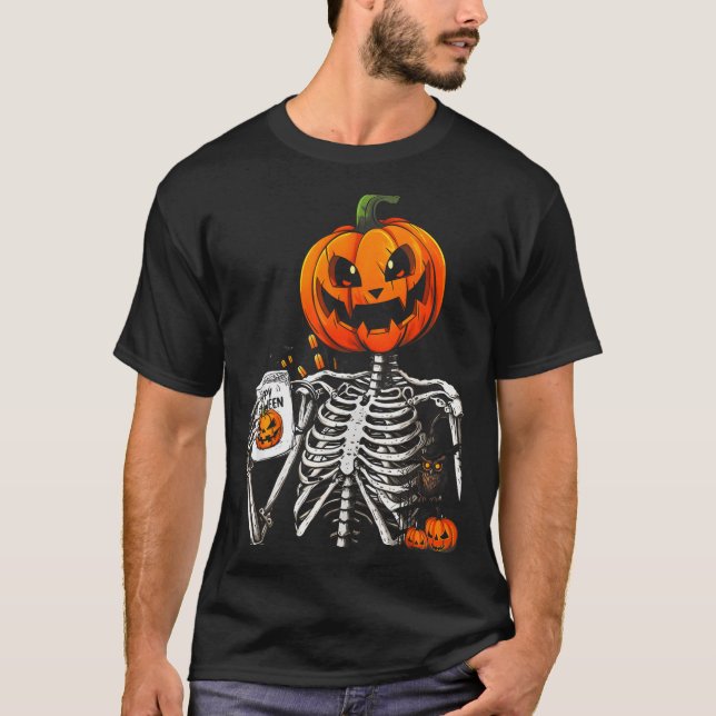 T-shirt Coffee Drinking Skeleton Pumpkin Halloween Costume (Devant)