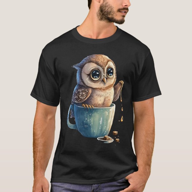 T-shirt Coffee with cute owl owl coffee mug (Devant)