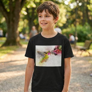 T-shirt Colibri se nourrissant sur une fleur rose à l'aqua
