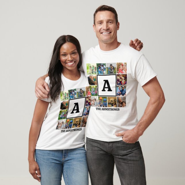 T-shirt Collage de photos | Monogramme initial de la famil (Unisexe)