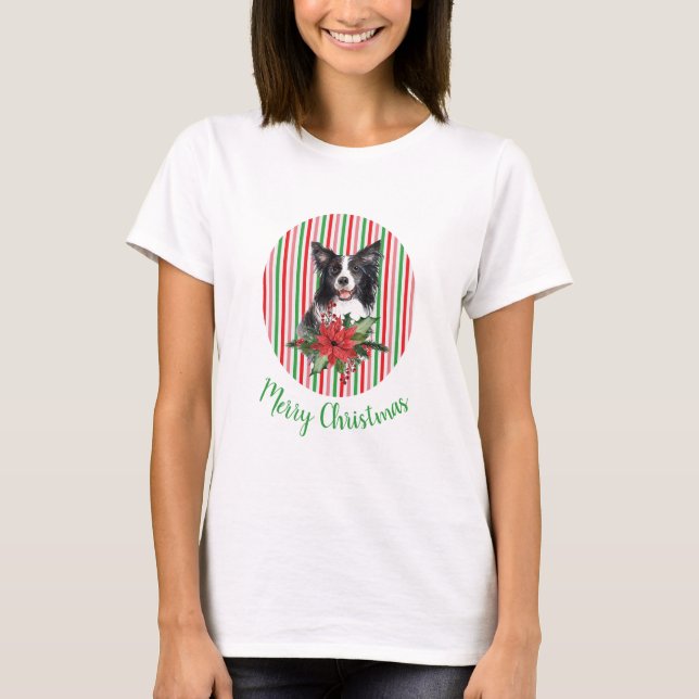 T-shirt Collie Bordure Aquarelle Avec Poinsettia (Devant)