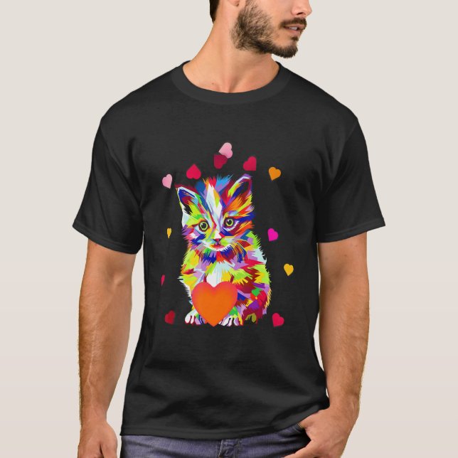 T-shirt Colorful Valentines Day Cute Cat Adaptation Heart  (Devant)