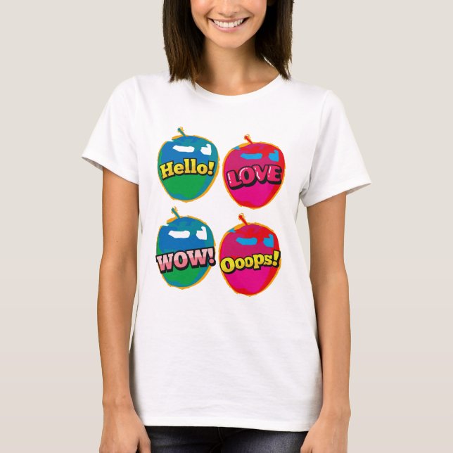 T-shirt Comic Wow Hello Love Pink Apple Pop Art (Devant)