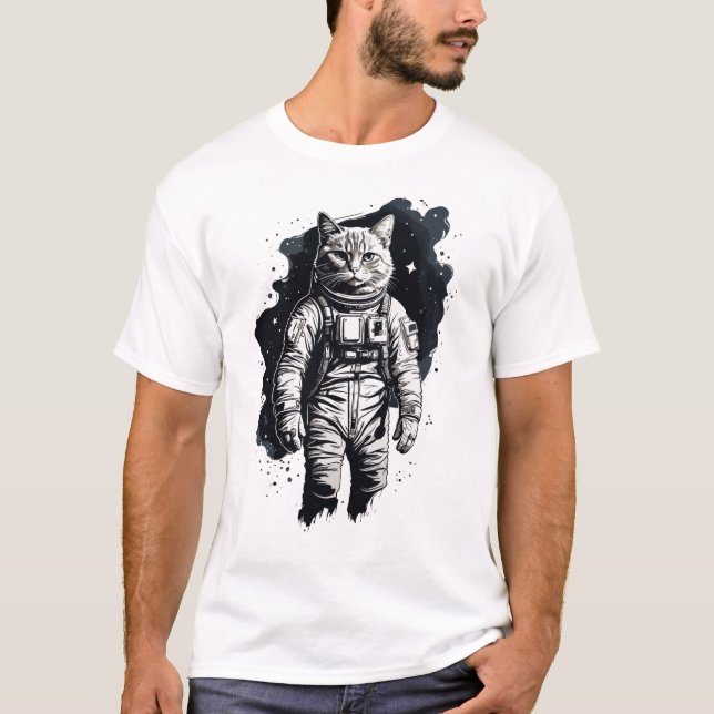 T-shirt Conception de chat par astronaute d'encre noire (Devant)