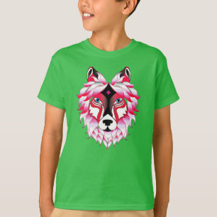 T-shirt Conception de polygone de tête de loup rose-24531