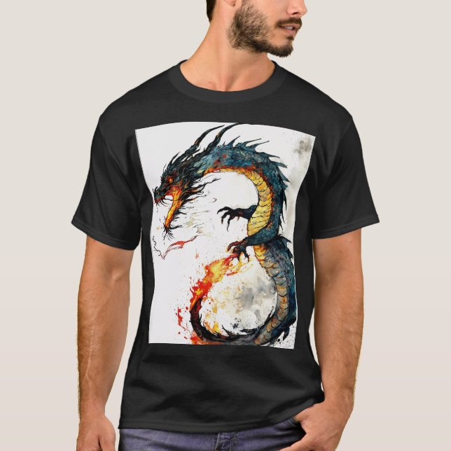 T-shirt Conception d'un autocollant de dragon Oriental Fie (Devant)