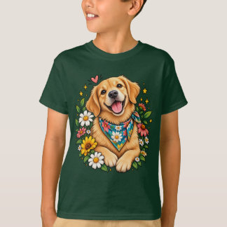 T-shirt Conception numérique de Golden Retriever floral mi