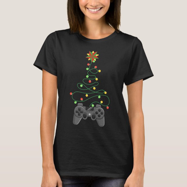 T-shirt Contrôleur de jeu vidéo Feux d'arbre de Noël amusa (Devant)