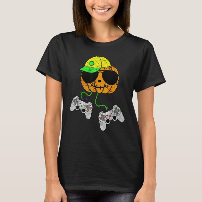 T-shirt Contrôleur de jeu vidéo Halloween Citrouille Gamer (Devant)