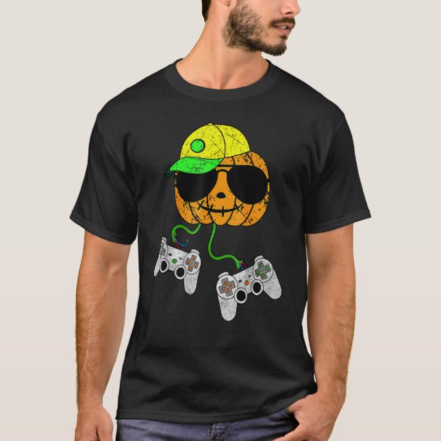 T-shirt Contrôleur de jeu vidéo Halloween Citrouille Gamer (Devant)