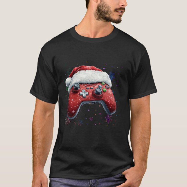T-shirt Contrôleur de jeu vidéo Noël Santa Hat Funny Ga (Devant)