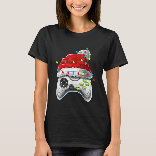 T-shirt Contrôleur de jeu vidéo Noël Santa Hat Gamer Bo (Devant)