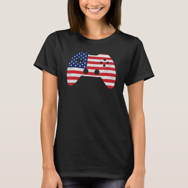 T-shirt Contrôleur de jeu vidéo rétro drapeau américain 4e (Devant)
