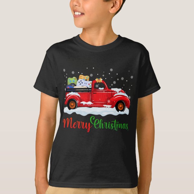 T-shirt Contrôleurs de jeu vidéo Camion rouge Joyeux Noël  (Devant)