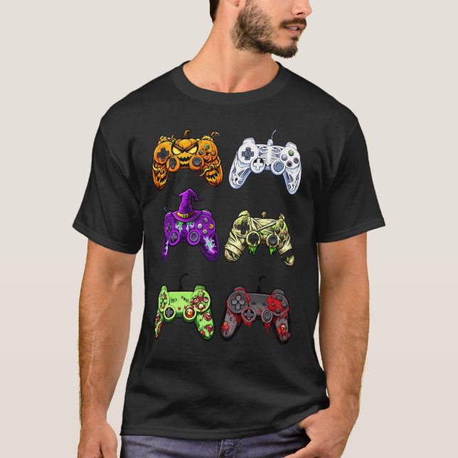 T-shirt Contrôleurs de jeux Halloween Zombie Skeleton (Devant)