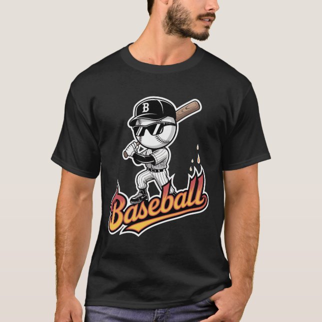 T-shirt Cool Baseball Mascot Sunglasses Flaming Text Boys  (Devant)