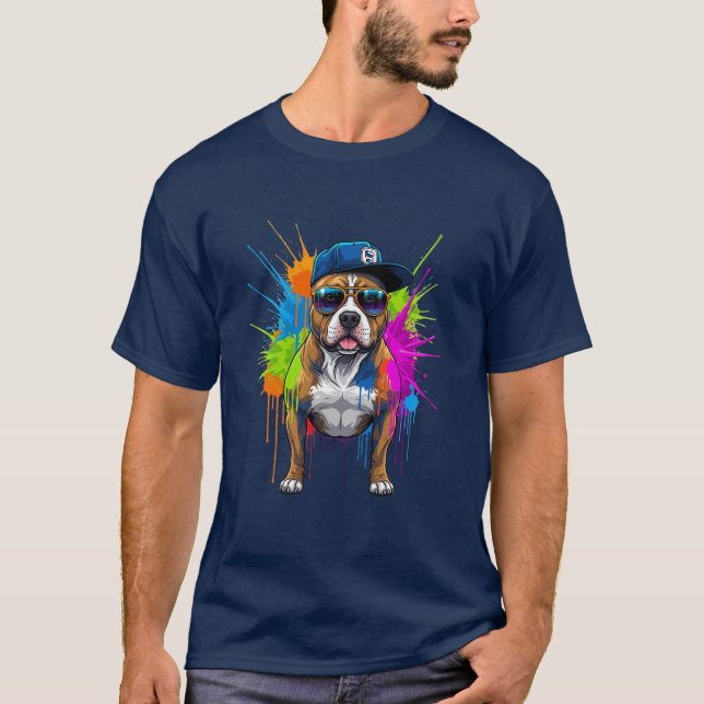 T-shirt Cool Bulldog Street Art - Neon Splash Dog (Devant)