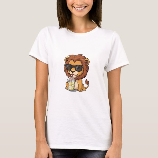 T-shirt Cool Cartoon Lion Drinking Iced Lemonade (Devant)