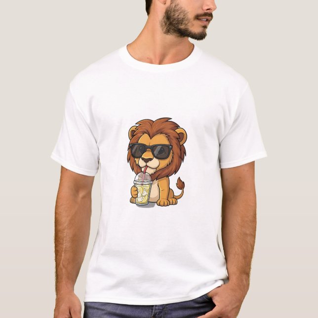 T-shirt Cool Cartoon Lion Drinking Iced Lemonade (Devant)