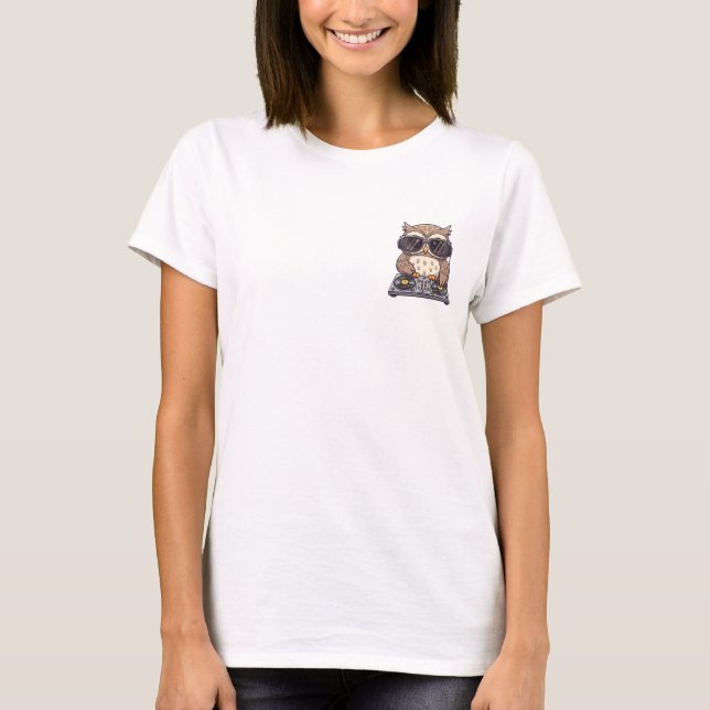 T-shirt Cool Cartoon Owl DJ Playing Turntable (Devant)