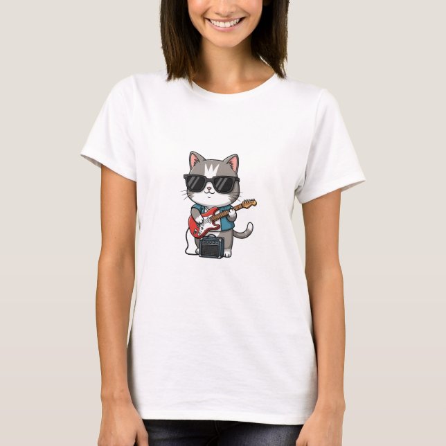 T-shirt Cool Cat Playing Electric Guitar with Sunglasses (Devant)