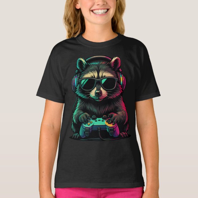 T-shirt Cool Gamer Raccoon — Headphones and Controller (Devant)