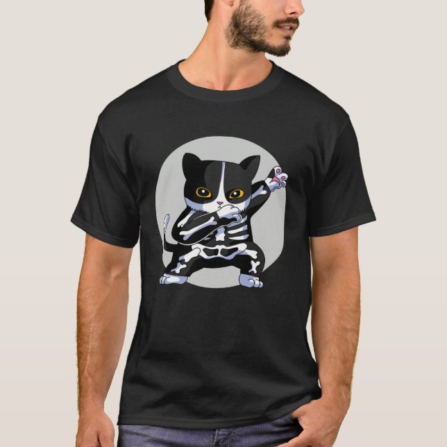 T-shirt Cool Halloween Cat Dabbing with Skeleton furry (Devant)