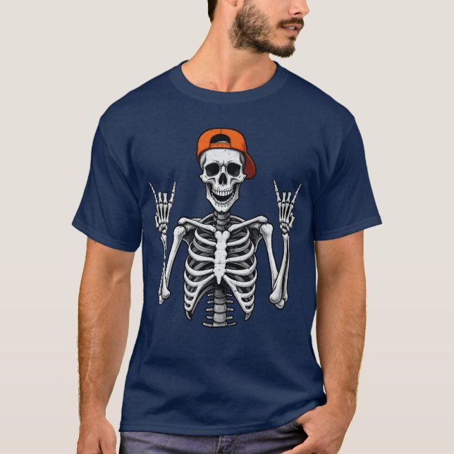 T-shirt Cool Halloween Punk Rock Skeleton Casquette Skater (Devant)