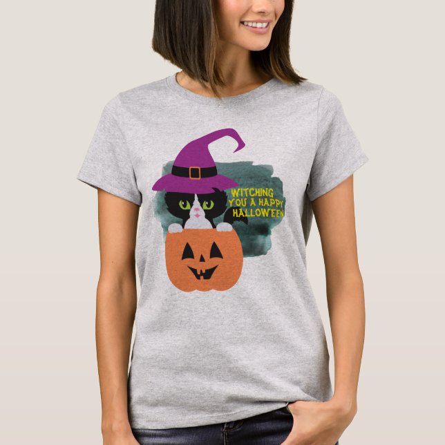 T-shirt Cool Jouer sur les mots Halloween Witch Chat noir (Devant)