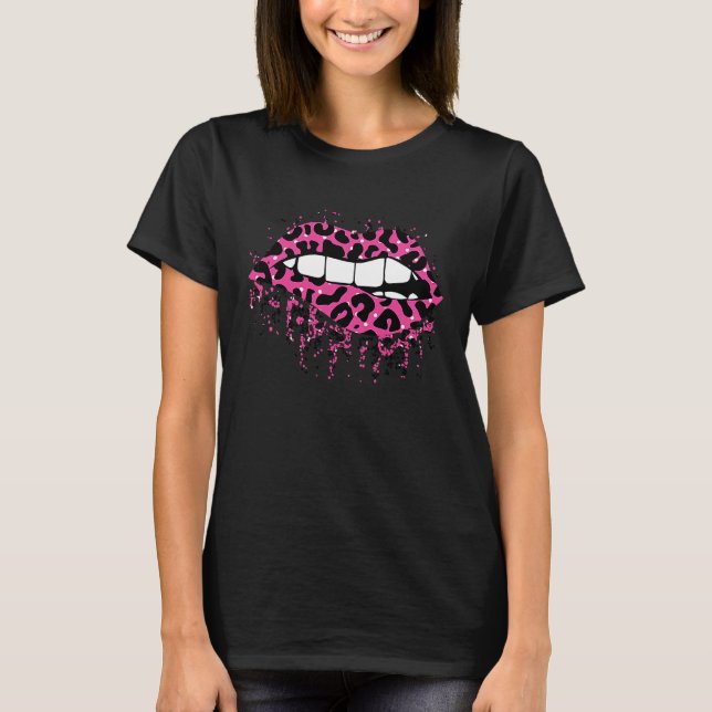 T-shirt Cool Lips Bite Kiss Me Leopard Print Cheetah Valen (Devant)