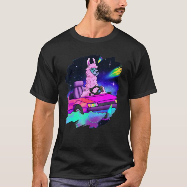 T-shirt Cool Llama Driving Sports Car In Space Alpaca  Lla (Devant)