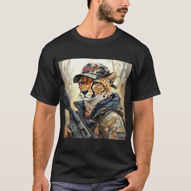 T-shirt Cool MAGA Chat avec pistolet et Camouflage CHEETAH (Devant)