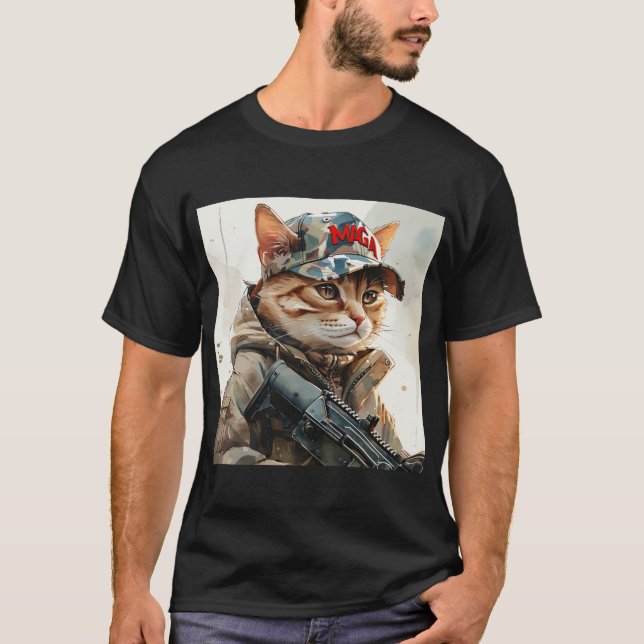 T-shirt Cool MAGA Chat avec pistolet et Camouflage mou (Devant)