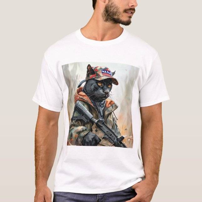 T-shirt Cool MAGA Chat avec pistolet et camouflage PANNEAU (Devant)
